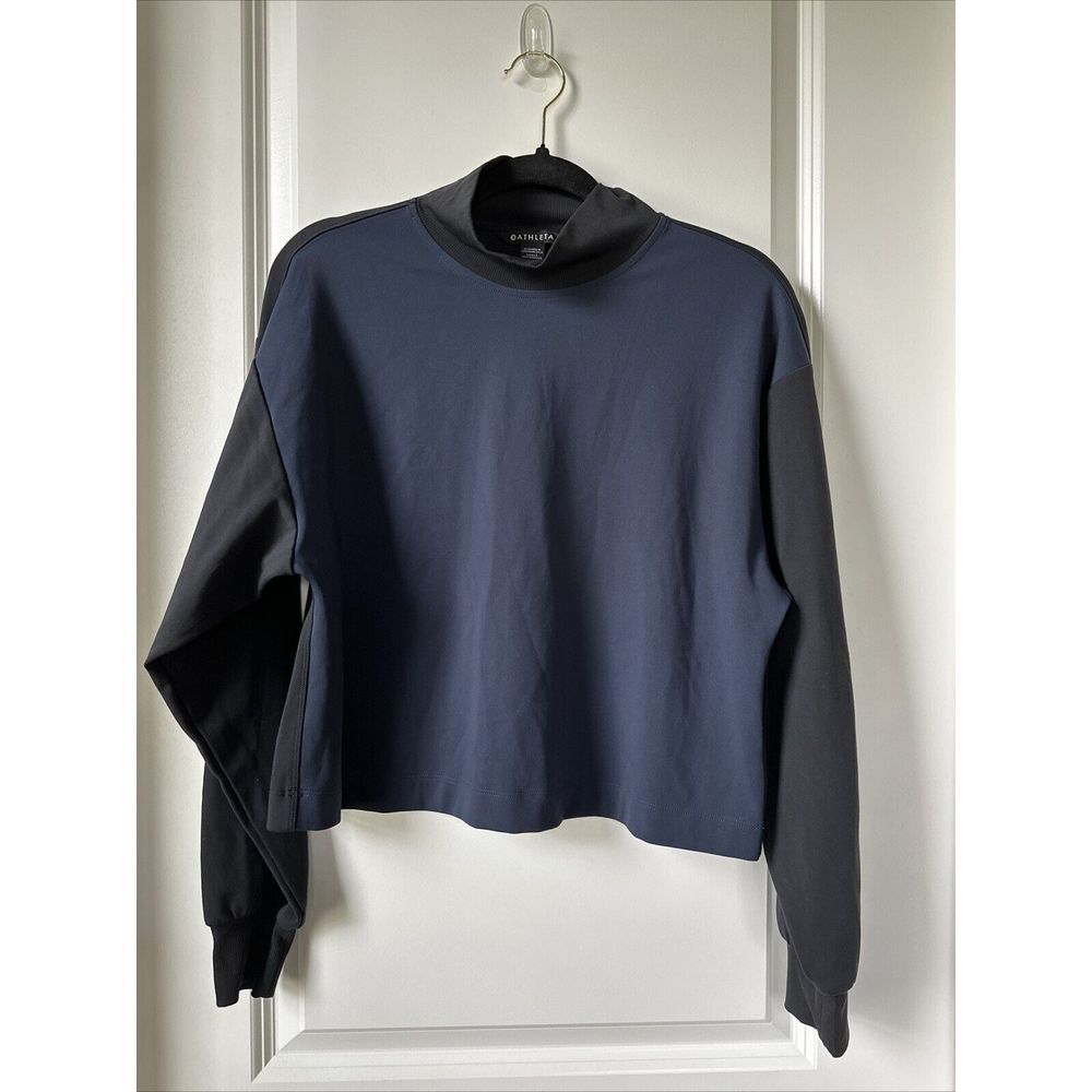 Athleta Whistler Mock Neck Top Womens Small Blue Black Activewear Yoga Stretch